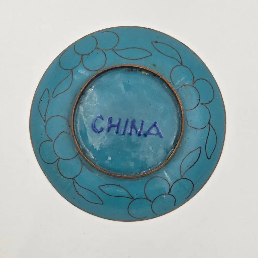 Cloisonné Prunus Brass Trinket Dish Set 3 Plum Blossom Enamel Plates 4″ - Picture 7 of 7